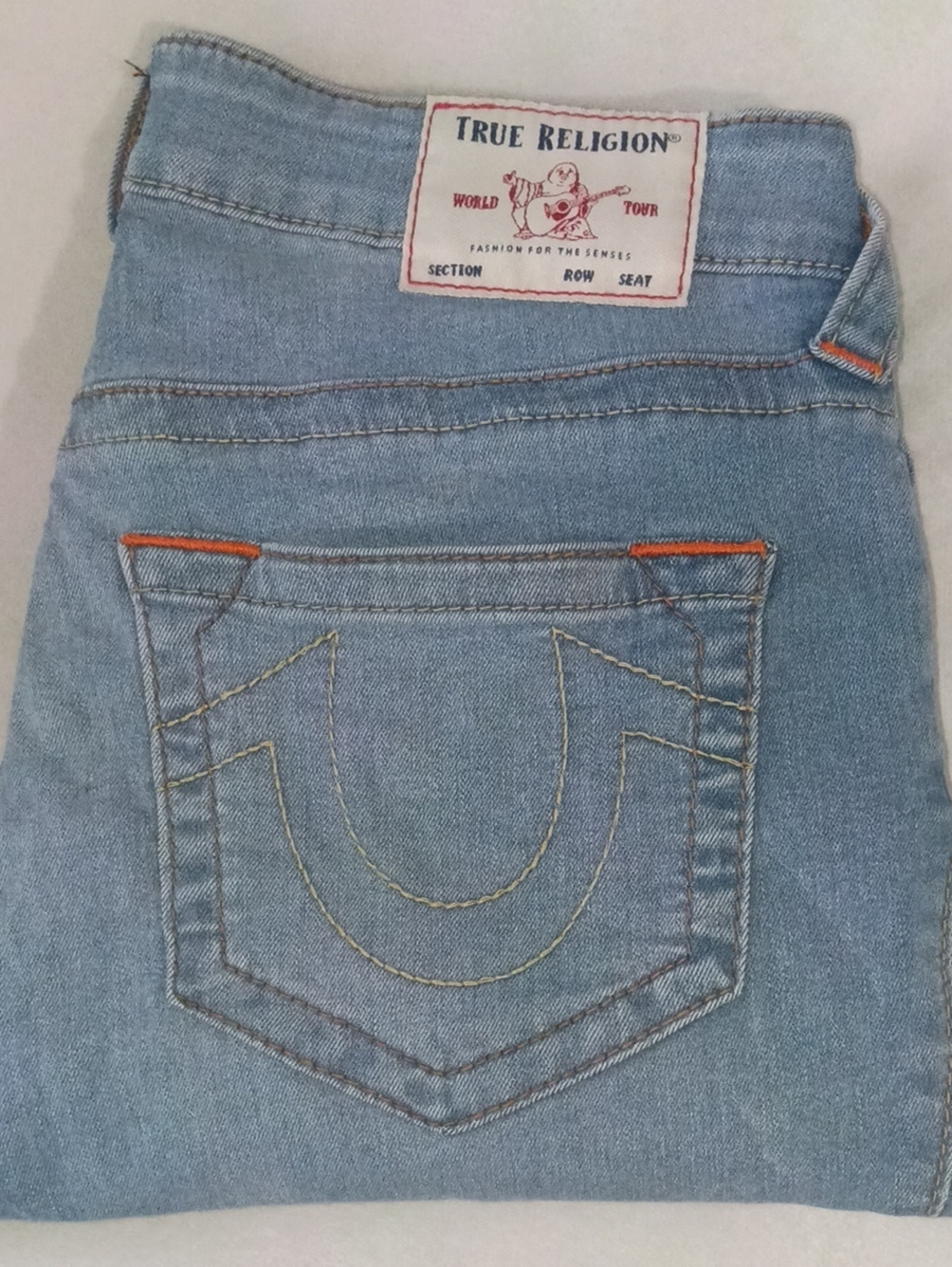 True Religion Women's Light Blue Skinny Jeans with Signature Pocket Stitching